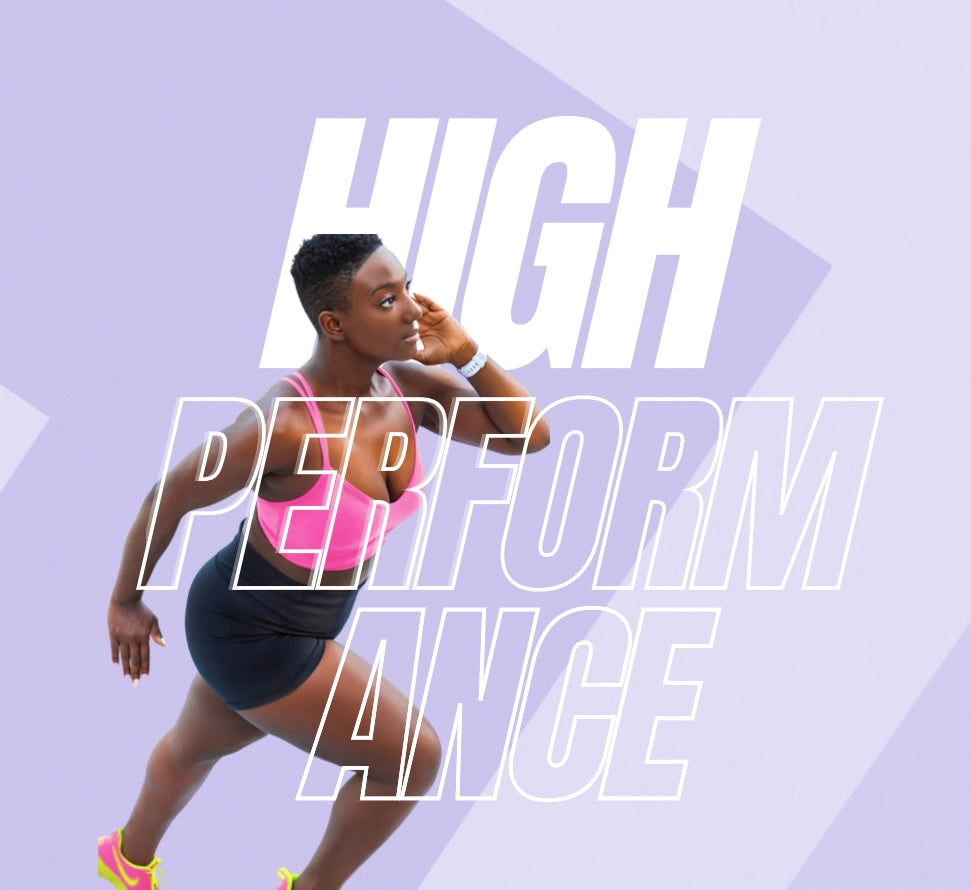 two shades of purple background with African American woman in running form with words high performance overlay