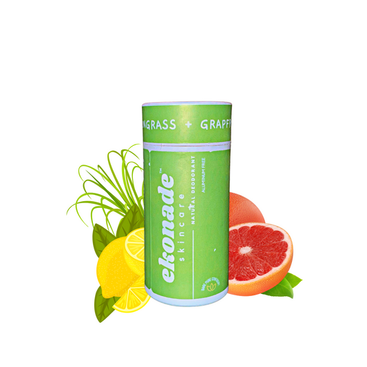 Lime green container of aluminum free deodorant for sensitive skin with lemongrass and grapefruit scent