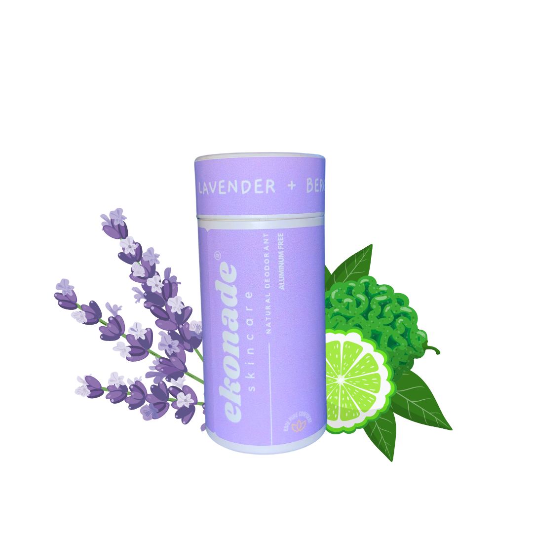 Light purple cylinder container of natural deodorant that is Lavender and Bergamot scent made with no aluminum. 